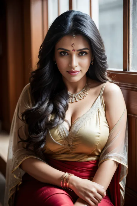 Portrait of A confident-looking Indian woman with flowing long and thick hair, hazel eyes, wet seethrough clothes, silk cape, a smile on the face, a lusty look, red bindi, sitting on pathway in a village, c-cup breast, perfect composition, hyperrealistic, ...