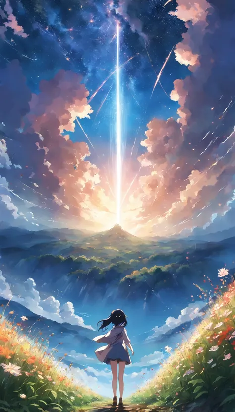 Makoto Shinkai, Expansive landscape photograph , (View from below，Displays the sky above and the clearing below), a girl standing on flower field looking up,  ( meteors:0.9), (Starcloud:1.3), Far Mountain, Tree forest BREAK Production Art, (stars daytime s...