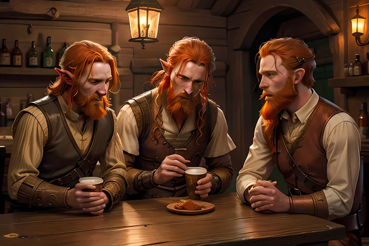 Three, ginger elven men, drinking in a tavern and crying, drunk, ginger beards