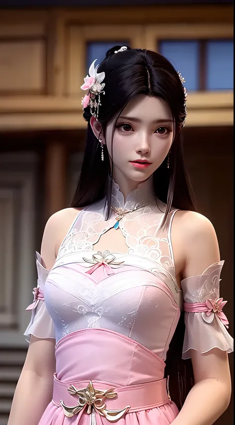 1 beautiful girl wearing ancient costumes, ((pink and light white outfit: 0.8)), long and silky black hair, hair jewelry and nec...