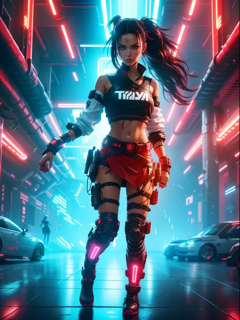 Full body cyber girl with a ponytail. Bright Red color to show shes a cyber girl. clothing like tomb raider but with a skirt. She also has blue eyes. The environment is terminator like. Hair is black. She is lit with the bright red color on one side of her...