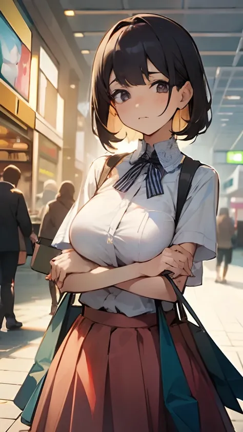 In the shopping street(Holding the skirt with both hands:1.2)embarassed face,Puzzled look,Breast size:1.1,full bodyesbian,Frontal shot