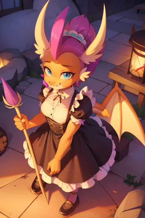 Dragon Girl, purple hair, (Beige dragon horns), Cyan eyes, scale, paws with claws, Orange spread wings, orange ponytail with purple hair at the tip, anthro, Average Breasts, dragon head, Hairstyle high, Black puffy maid dress, in full height, Detailed maid...