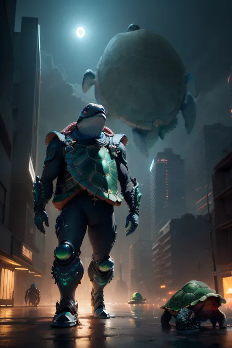 (anthropomorphic turtle:1.5), cyber punk perssonage,Scenes ,No Man, Moonlight, dreamy glow, Ruined city,Just the background  ( Global illumination, Ray traching, hdr, unreal render,reasonable design, Masterpiece, Best quality, hyper HD, Cinematic lighting)