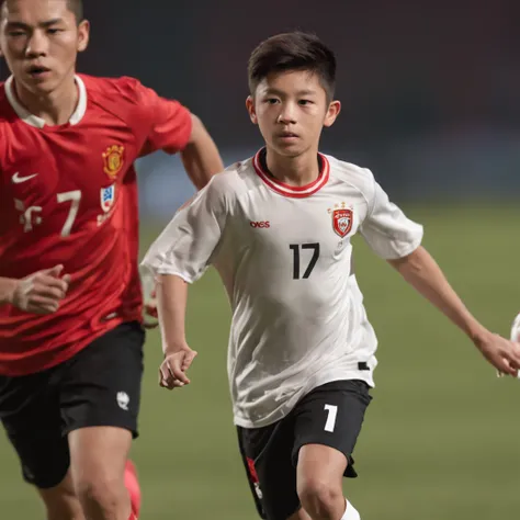 a height of 1.75m 12-year-old Chinese teenager,Wearing the number 7 shirt of the Portuguese national football team，（Use snapshots to capture moments when teenagers play soccer），schoolboy，Robust and compact，The background is a team member in the distance，（O...