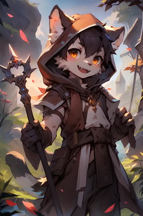 1boy, Animal_hor ears, Animal_Hood, branch, Fang, （Staff），Magic surrounds, mitts, Holding, Hood, Hood_Up, leafs, Looking_at_peeping at the viewer, Male_Focus, Open_Mouth, Orange_Eyes, petals, plant, Smile, Solo, Naked boy standing, Tail, arma，male people，a...