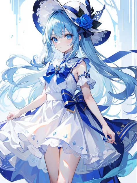 tmasterpiece，Highest image quality，1girll，cabellos largos dorados，blue color eyes，Hats，White slip dress，Bow knot，flower sea