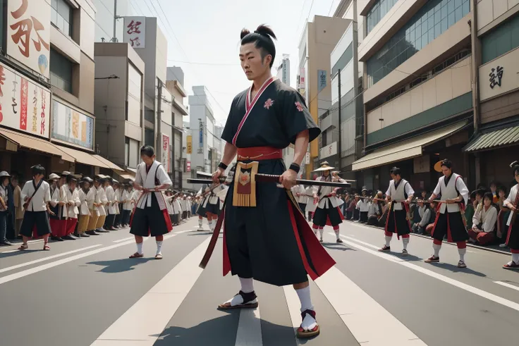 Year: 2023
Country: Japan
Description: Amidst the bustling streets of Osaka, a modern-day samurai, dressed in a fusion of traditional and contemporary attire, skillfully performs a street performance with a katana while a captivated crowd looks on.