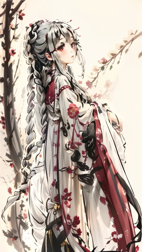 schoolboy，shoun，Long white hair that drapes down，There is a braid tied on the left，Braided down from the shoulders，The base color of the clothes is white，There are black ink branches，Red plum blossoms blooming on tree branches