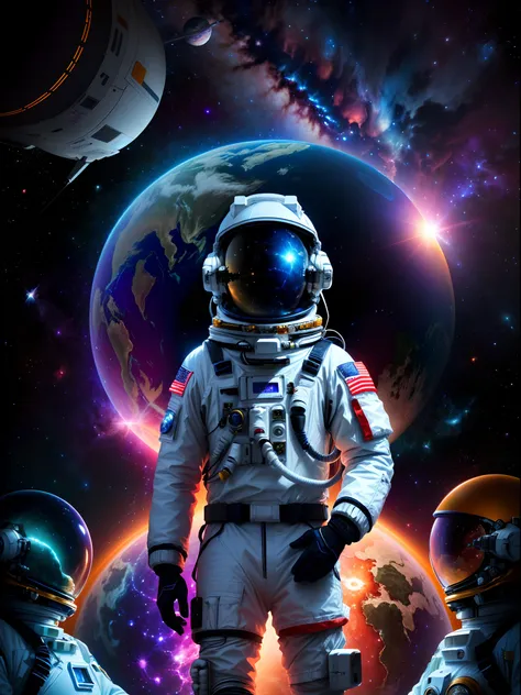 Space scene with close-up of astronauts on planet, space, cosmic space, Space travelling, Space travelling, cosmic space, outerspace, psychedelic illustrations, space colors, cosmic and colorful, sci-fi illustrations, sci-fi illustrations, Surreal space, s...