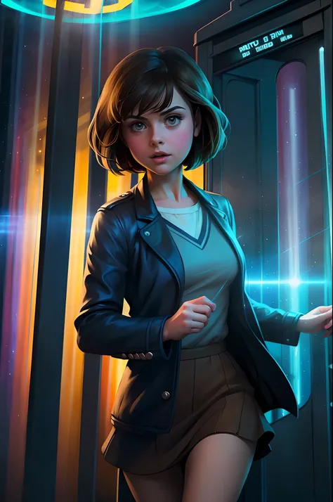 1young Clara Oswald from the series "Doctor Who?", dynamicpose, in the background of the TARDIS, caustic chlorine mist , Palette knife-oil painting, Detailed Illustration, ((Artist Andy_Fairhurst)), ((Best Quality, tmasterpiece)), Extreme detailing, 8K