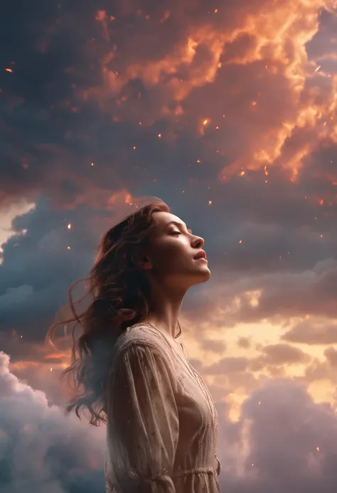 Masterpiece, top notch quality, cinema shot, Single female character, Ethereal girl surrounded by clouds, Suspended in the air, Close-up shot, Energetic and convivial atmosphere, Warm and soft lighting, Sunset, Subtle sparks (weight: 0.7)."