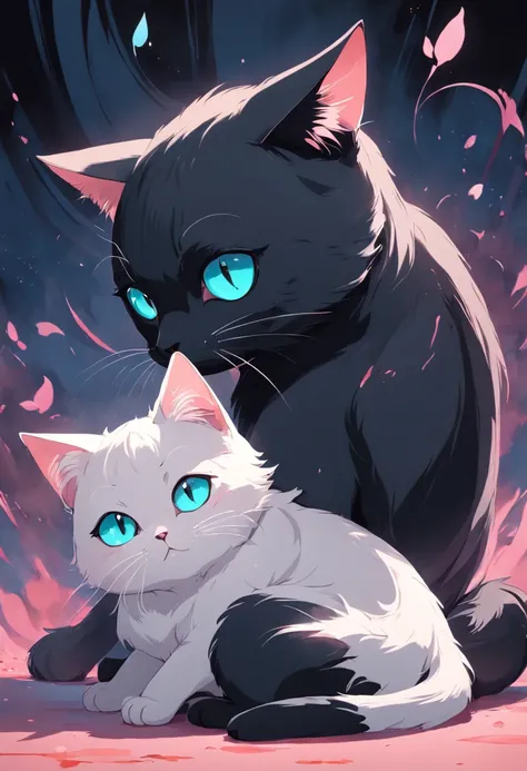 Cats in art, Narrow eye grooming、leisure、The main color is black, Cyan secondary color, soft pink background, Artistic, 复杂, Warm style, Shapes include abstract cats, Playful form, Elegant work, Textures include coated textures, Smooth paint, Fabric texture...