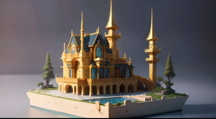 Waterfront architecture, tabletop model buildings, fantasy building,Autonomous architecture， Golden villa, an extremely detailed building, high detal,  fantasy house, Cloud Palace, isometric palace, , style of madhouse studio anime