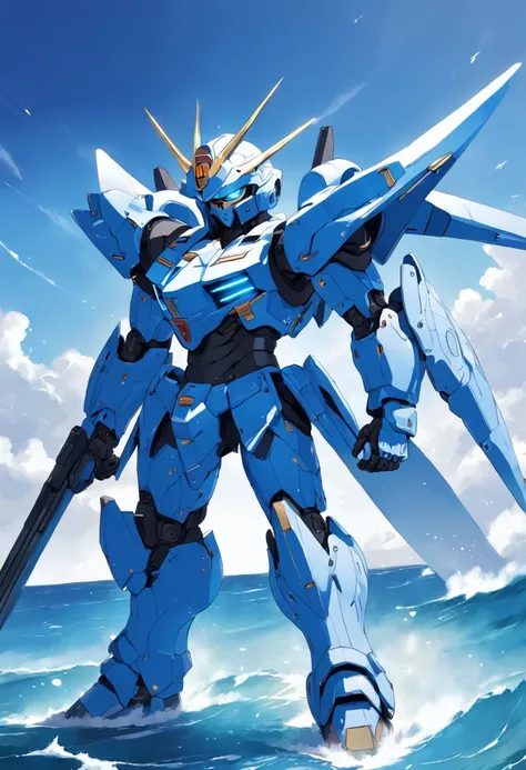 gundam, Blue and white kuhler, There are blue cuirasses and blue protective armor on the knees and shoulders, It looks like it can be deformed, There are missile pods, Tall and intimidating, Hand-held sniper riffraff, The background is the ocean, There are...