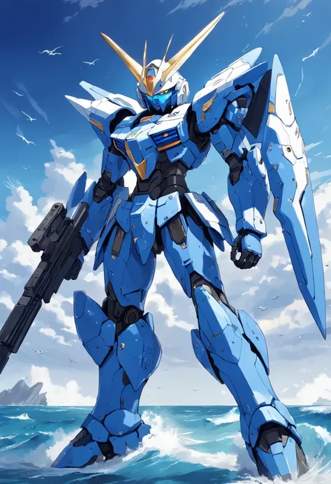 gundam, Blue and white kuhler, There are blue cuirasses and blue protective armor on the knees and shoulders, It looks like it can be deformed, There are missile pods, Tall and intimidating, Hand-held sniper riffraff, The background is the ocean, There are...