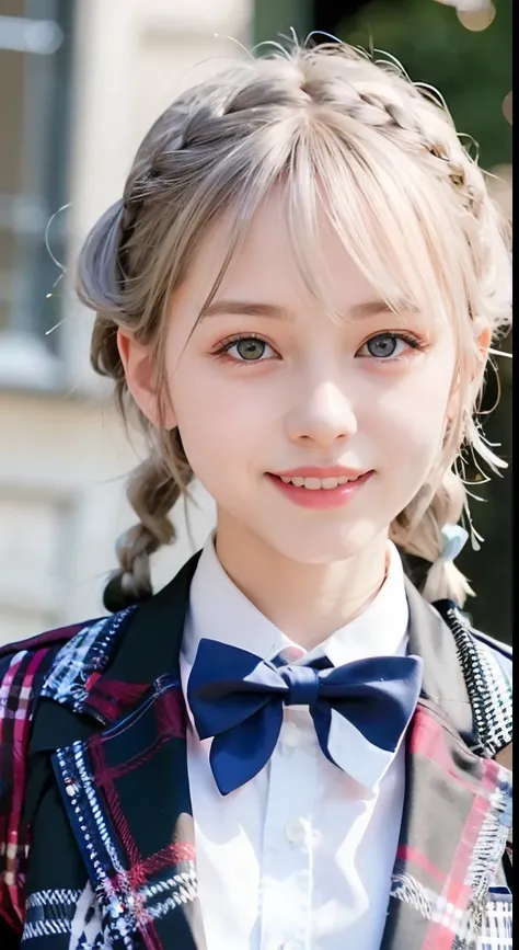 (ultra-detailliert), Tartan check jacket,high-school uniform、Blue eyes,The upper part of the body、a closeup、faces、(A smile:1.5),(facing front:1.2), 20yr old, teens girl,no tail,(no tail),2D, ​masterpiece, top-quality, animesque, A detailed eye, A detailed ...