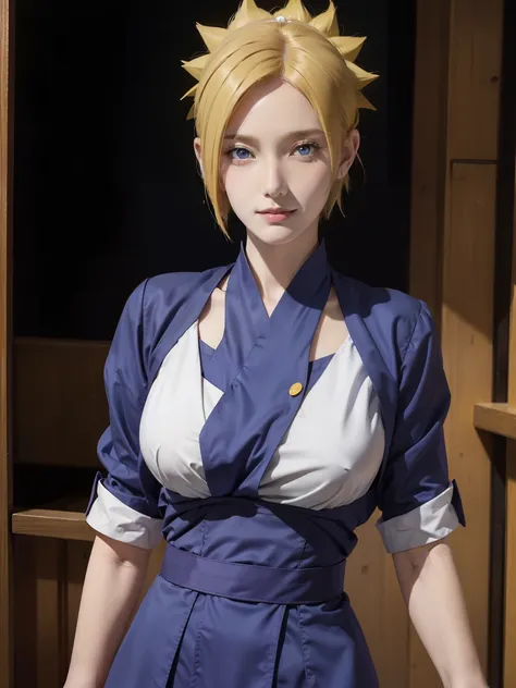 1girl, temari in anime naruto, short hair, yellow hair, blue eyes, smile, beautiful, sexy clothes, sexy dress, white clothes, very big breast, realistic clothes, purple clothes, outdoor background, ultra detail, realistic