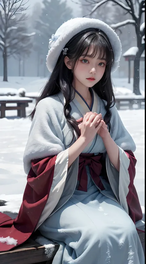 ((Works of masters))，(超A high resolution)，1 girl,Glowing eyes，Tears of sadness， Sitting, (Lolita costume)，cloaks (Oyuki, Cover with snow，Outdoor activities in winter:1.2),snow field，Blue eyes，The best quality illustrations，A meticulous face