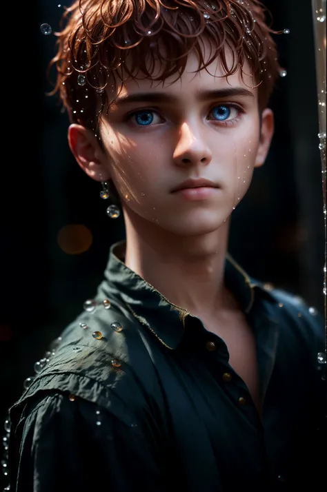 (sharp-focus:1.2), Award-winning photograph of a young peasant boy, water droplets, thunderstorm outside, lightning back lighting, , Extremely detailed skin, Sadness, hopelessness ,Clear Eyes, (deep-shadows:1.1), High contrast, Beautiful eyes, absurdress, ...