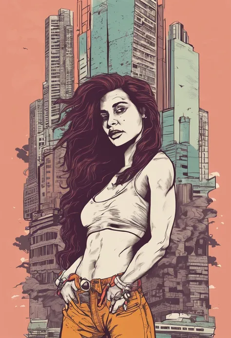 "An imposing giantess dressed in hippie style hippie and laid-back，Rocking crop top and baggy pants. His toned and athletic figure shows his great strength. She seems to wander carelessly through the bustling cityscape of GTS City, When towering buildings ...