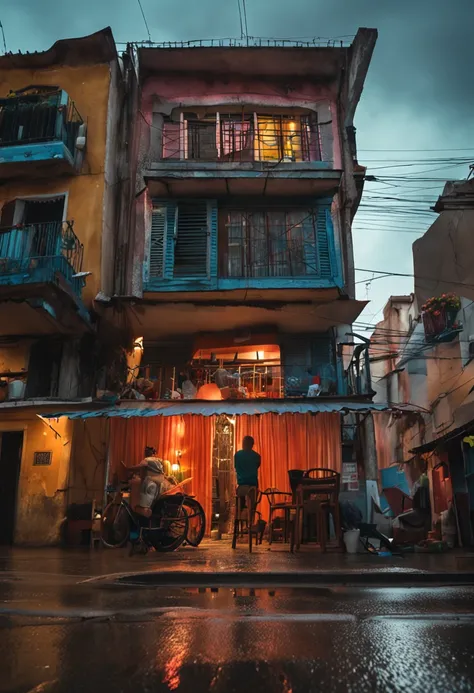 quarto com uma cadeira perto de uma janela molhada da chuva a noite