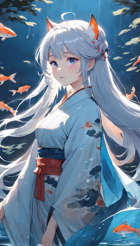 Traditional chinese painting, lotuses, Hanfu, maxiskit, dress conservatively 1 girl, 独奏, whaite hair, long whitr hair, fox ear, white colors, The fish, Many fish are close to the girl, looking at viewert, Titillating，rays of moonlight，starrysky