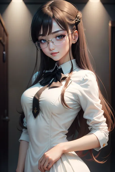 Anime beauty，Pure upper body，Professional Dress，Pointed chin，solo person，ssmile，light make-up，eye glass。