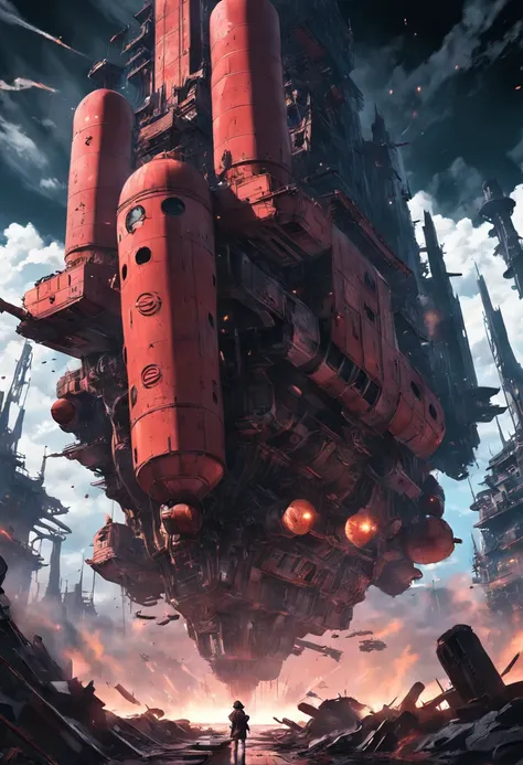 A wasteland-style spaceship，Explode in the air，The engine smoked black，  - The ship is surrounded by a group of small red wasteland-style flying machines，The background is an abandoned ancient city，Towering industrial towers are everywhere and there is som...