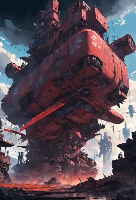 A wasteland-style spaceship，Explode in the air，The engine smoked black，  - The ship is surrounded by a group of small red wasteland-style flying machines，The background is an abandoned ancient city，Towering industrial towers are everywhere and there is som...