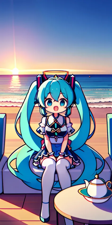 (High Picture Quality,A high resolution)Beach view,Halo 8K,Luo Tianyi and Hatsune Miku had afternoon tea together