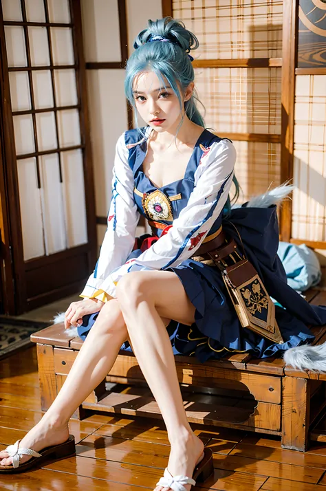 Blue and white hair，Lilac pupils looked at the camera seductively，The slender beautiful girl sits，Ayaka Kamisato