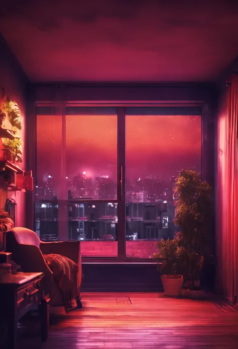 scenery at night in a room with a lot of details, in the background a window with raindrops