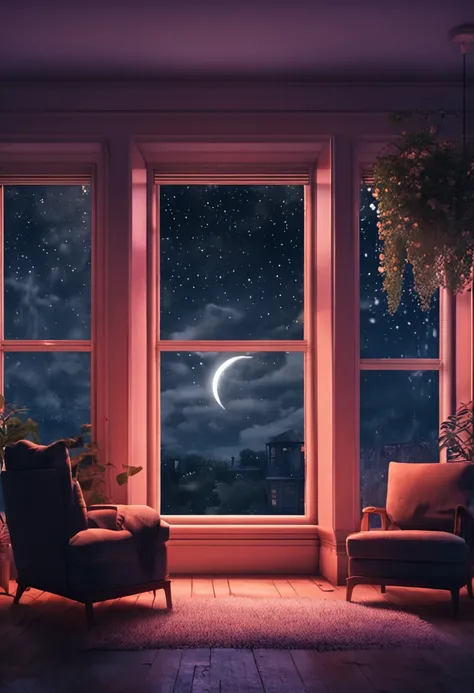 scenery at night in a room with a lot of details, in the background a window with raindrops