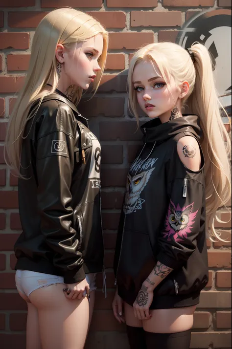 On a brick wall. Graffiti drawing. On the background of a white circle, a cute cool blonde rocker with a tattooed young girl in black clothes, on her shoulder an owl