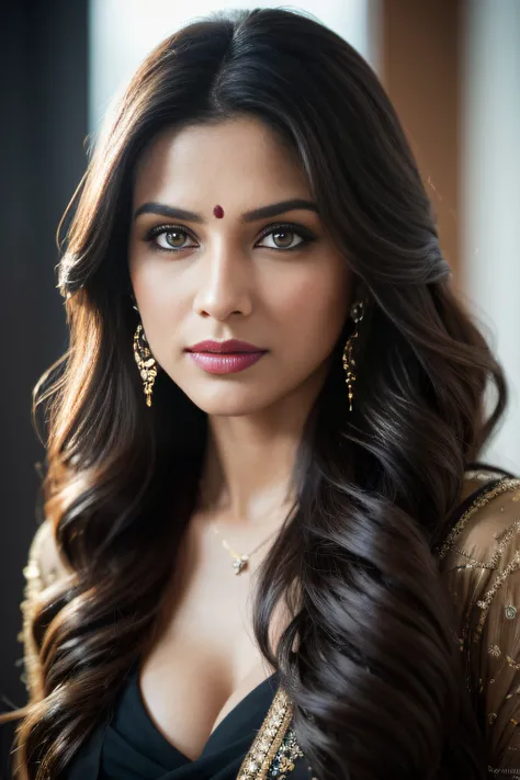 Portrait of A confident-looking indian  woman with long flowing hair, hazel eyes, with Peignoir, perfect composition, hyperrealistic, super detailed, 8k, high quality, trending art, trending on artstation, sharp focus, studio photo, intricate details, high...