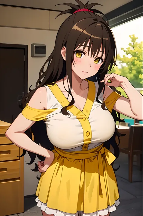 yuuki mikan, brown hair, yellow eyes, hair ornaments, long hair, topknot, wavy hair, milf