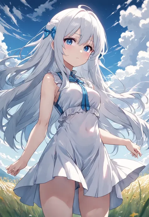 Woman with long white hair and blue eyes standing in meadow，Anime visuals of cute girls, Girl with white hair, perfect gray hair girl, white haired god, white  hair, Kantai Collection Style, anime clouds, young anime girl, anime moe art style, Anime Best G...