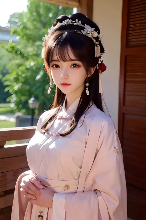 A woman in a pink dress poses for a photo, Palace ， A girl in Hanfu, Wearing ancient Chinese clothes, White Hanfu, Hanfu, with acient chinese clothes, Traditional beauty, white hime cut hairstyle, with ancient chinese aesthetic, Traditional Chinese clothin...