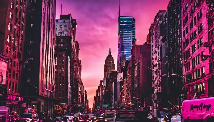 Pink purple sunset in New York City