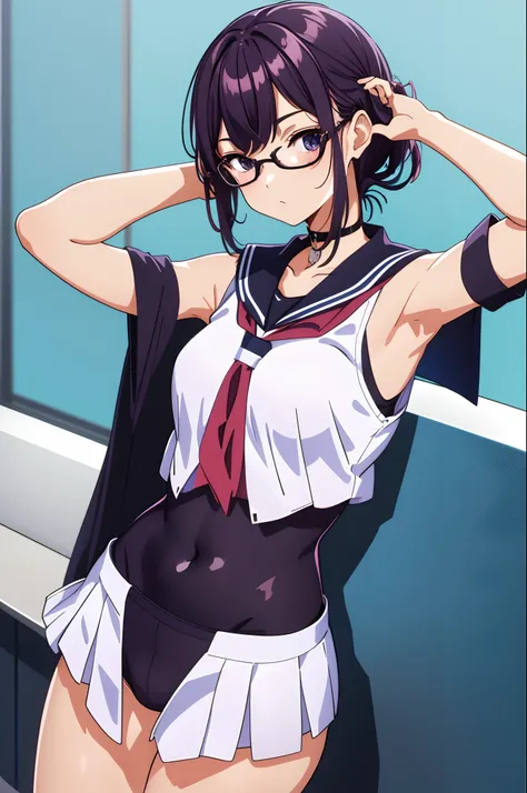 kanzaki rin, sailor uniform , (sleeveless), (detached sleeves), black-framed eyewear, Navel (presenting armpit), arms behind head, hands behind head, arms raised, hands in pockets, standing, (simple background)