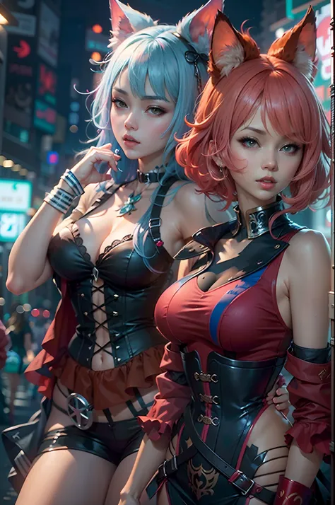 anime - style image of two women with pink and blue hair smal booty dressed in red and blue corset,  pose in Akihabara at night  for a foto shooting, wlop and sakimichan, attractive cat girl, artwork in the style of guweiz, fantasy art style, 2. 5 d cgi an...