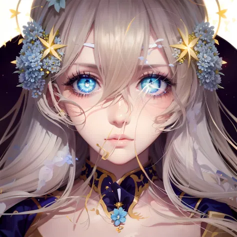 Anime girl with blue eyes and blonde hair，There are stars in the hair, Detailed digital anime art, Stunning anime face portrait, detailed portrait of an anime girl, detailed anime art, a beautiful anime portrait, 8K high quality detailed art, Digital anime...