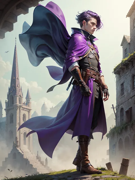 (superfine illustration, Best Quality, Ultra-detailed, Correct delineation, Perfect fingers, Perfect hands, Medieval fantasy:1.5), (unapproachable assassin, Male Focus, Solo:1.5), (stand on the hill, right position, right side view, tailwind:1.5), deadpan,...