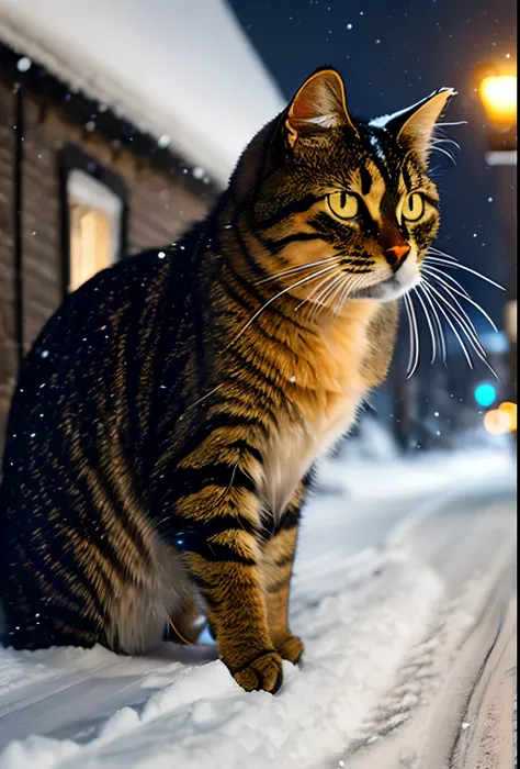 Glamorous shot of an angry cat in the middle of a snow-covered country street, Masterpiece, Best quality, An angry cat, winter, Night, Heavy snowfall, snowstorm