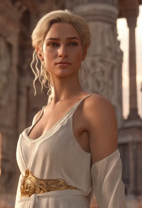 (Best quality, 8k, masterpiece: 1.3), ultrarealistic photo, full-shot, photrealism, blonde Greek goddess, medium hair, Greek clothes, white clothes, greek face, realistic skin, pores, slim body, Middle Ages, medium breast, perky breast, see-through top, me...