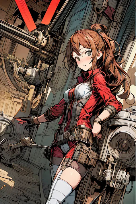 (comic book style),(linear art_Anime),(masutepiece, Best Quality, ),(Laura Bad Picture:1.2),(Lora Add Details:1.0),8K, Flat color:0.8,1girl in,steampunc、machinery background