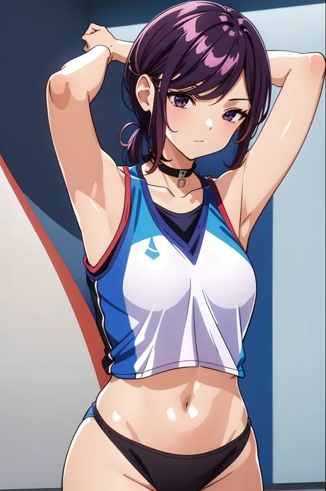 kanzaki rin, sport wear, (sleeveless), (detached sleeves), black-framed eyewear, Navel (presenting armpit), arms behind head, hands behind head, arms raised, hands in pockets, standing, (simple background)