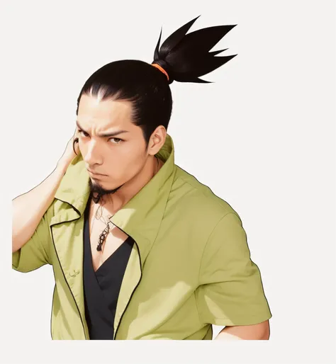 Shikamaru Nara is a character in the Naruto anime, his hair is black and tied, has a beard, wears an orange robe and is in a green shirt. Shikmaru has a lazy face, but he is smart. Age 35-40 years