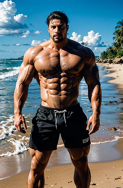 Arafeld man poses on the beach in a black bathing suit, Bulging muscles, exaggerated muscle physique, Muscular male, Bodybuilder body, Large muscles, huge muscle, big wide wide strong physique |, musculous, exaggeratedly large physique, very muscular male ...